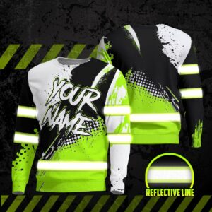 Hi Vis Long Sleeve Shirts Reflective Green Custom Name Safety For Mountain Biker, Runner, Cyclist, Walking and Working
