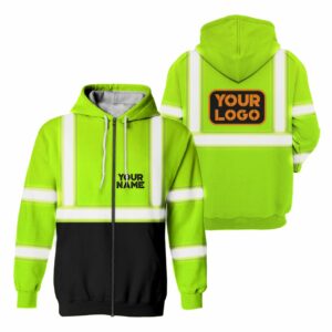 High Visibility Zip Hoodie Reflective Green Custom Name and Logo Safety Workwear