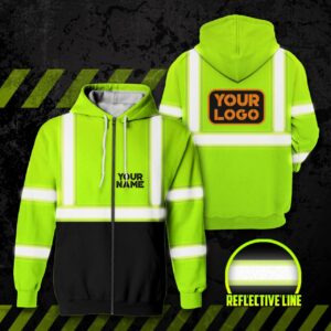 High Visibility Zip Hoodie Reflective Green Custom Name and Logo Safety Workwear