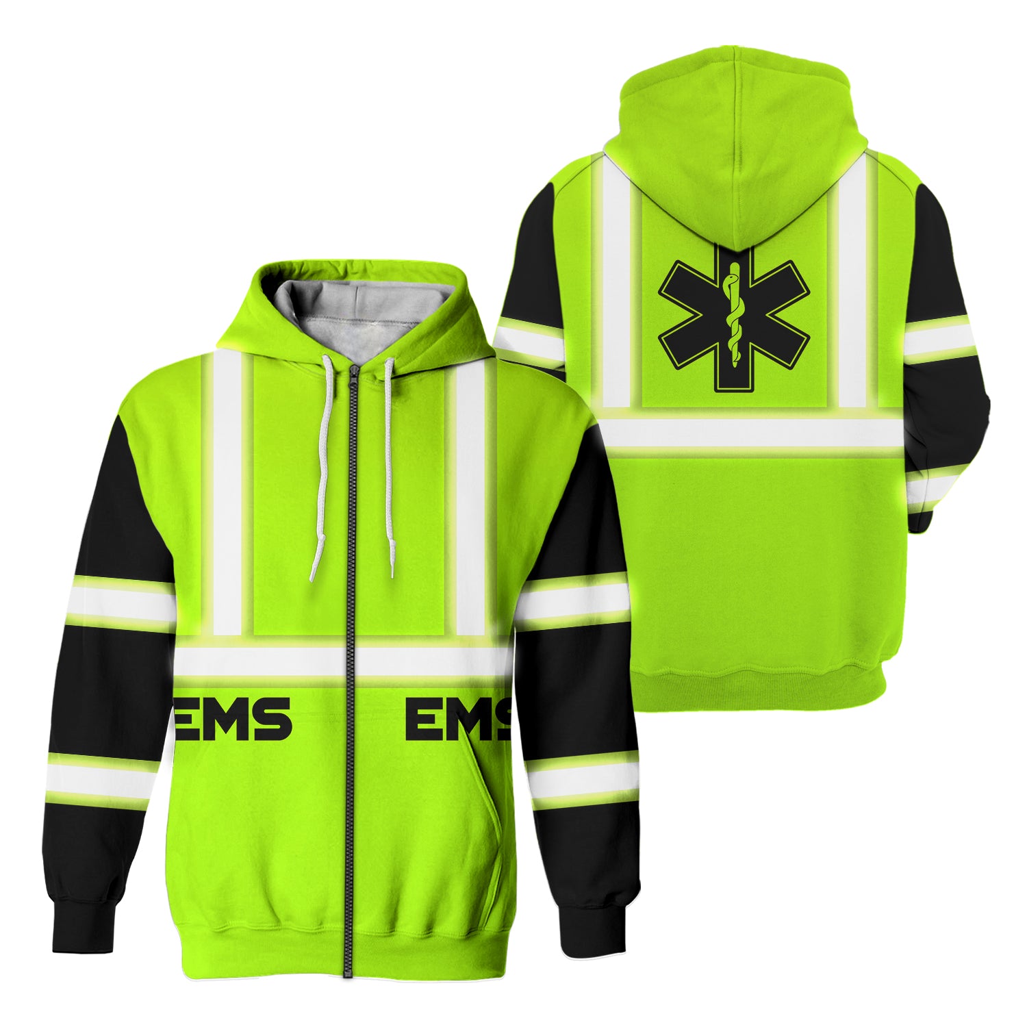 High Visibility Zip Hoodie Reflective EMS Green Safety Workwear For EMS