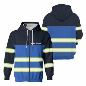 High Visibility Zip Hoodie Reflective Dark Blue Custom Name Safety Workwear For Runner, Cyclist, Bikers, Walking and Workers