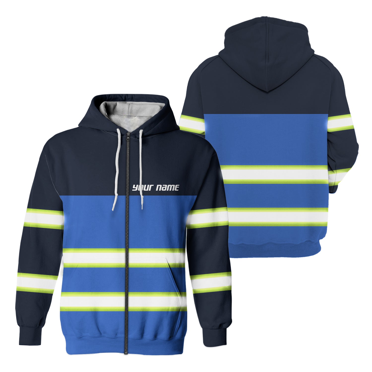 High Visibility Zip Hoodie Reflective Dark Blue Custom Name Safety