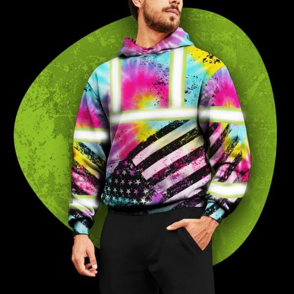 Hi Vis Hoodie Reflective Tie Dye US Flag Paint Safety Workwear For Worker, Motorcycle Bicycle, Runner