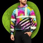 Hi Vis Hoodie Reflective Tie Dye US Flag Paint Safety Workwear For Worker, Motorcycle Bicycle, Runner