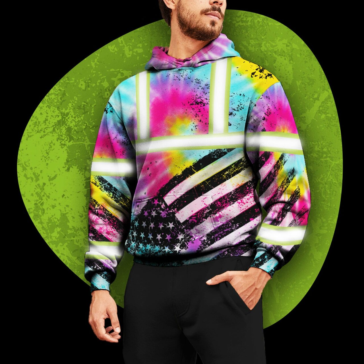 Hi Vis Hoodie Reflective Tie Dye US Flag Paint Safety Workwear