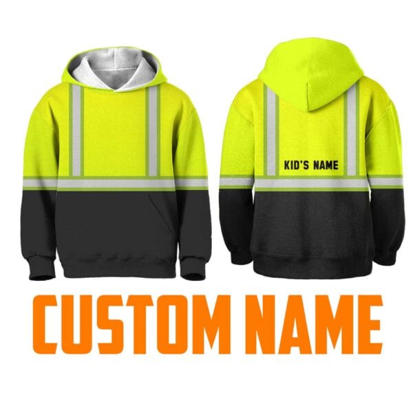 Hi Vis Reflective Black Below Custom Name Kids Hoodie Safety Workwear