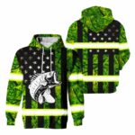 Hi Vis Hoodie Reflective Camo Bass American Flag Outdoor Safety For Fisherman, Fishing Lovers