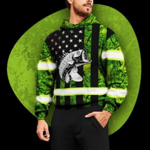 Hi Vis Hoodie Reflective Camo Bass American Flag Outdoor Safety For Fisherman, Fishing Lovers