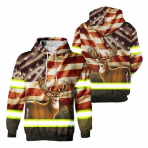 Hi Vis Hoodie Reflective Deer US Flag Outdoor Safety For Hunters, Hunting Lovers