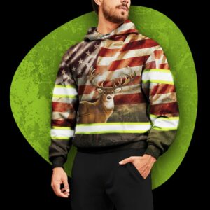 Hi Vis Hoodie Reflective Deer US Flag Outdoor Safety For Hunters, Hunting Lovers