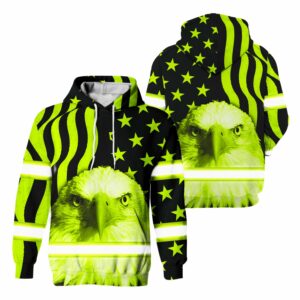 Hi Vis Hoodie Reflective Green US Flag Eagle For Patriotic, American, Military