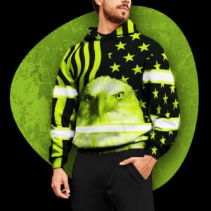 Hi Vis Hoodie Reflective Green US Flag Eagle For Patriotic, American, Military