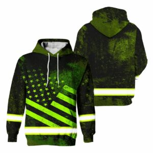 Hi Vis Hoodie Reflective Green USA Flag Neon Safety For Motorcycle Bicycle, Runner, Working