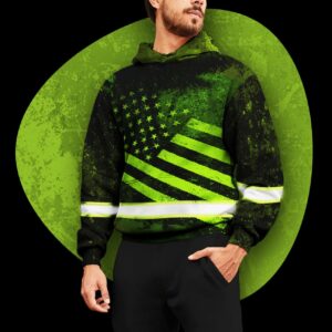 Hi Vis Hoodie Reflective Green USA Flag Neon Safety For Motorcycle Bicycle, Runner, Working