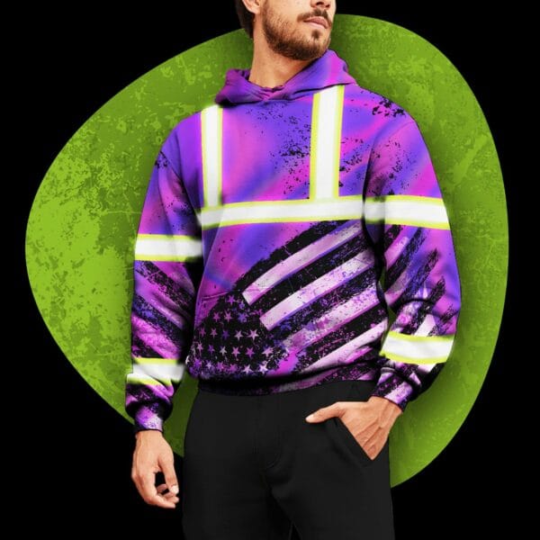Hi Vis Hoodie Reflective Hologram US Flag Paint Safety Workwear For Worker, Motorcycle Bicycle, Runner