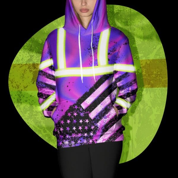 Hi Vis Hoodie Reflective Hologram US Flag Paint Safety Workwear For Worker, Motorcycle Bicycle, Runner