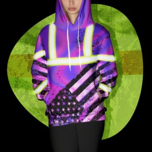Hi Vis Hoodie Reflective Hologram US Flag Paint Safety Workwear For Worker, Motorcycle Bicycle, Runner