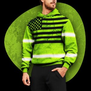 Hi Vis Hoodie Reflective Horizontal USA Flag Green Neon Safety Workwear