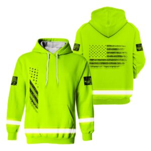 Hi Vis Hoodie Reflective Black Lime USA Flag Safety Workwear For Workers, Runners, Cyclists