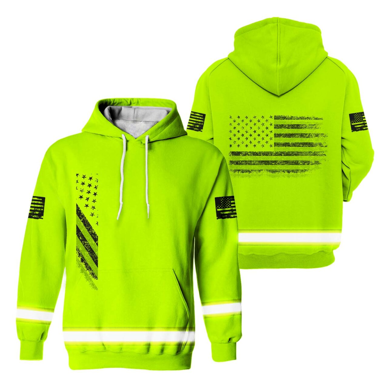 Hi Hoodie Reflective USA Lime Runners, Flag Vis Cyclists Workers, Workwear Black For Safety