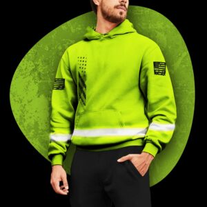 Hi Vis Hoodie Reflective Black Lime USA Flag Safety Workwear For Workers, Runners, Cyclists