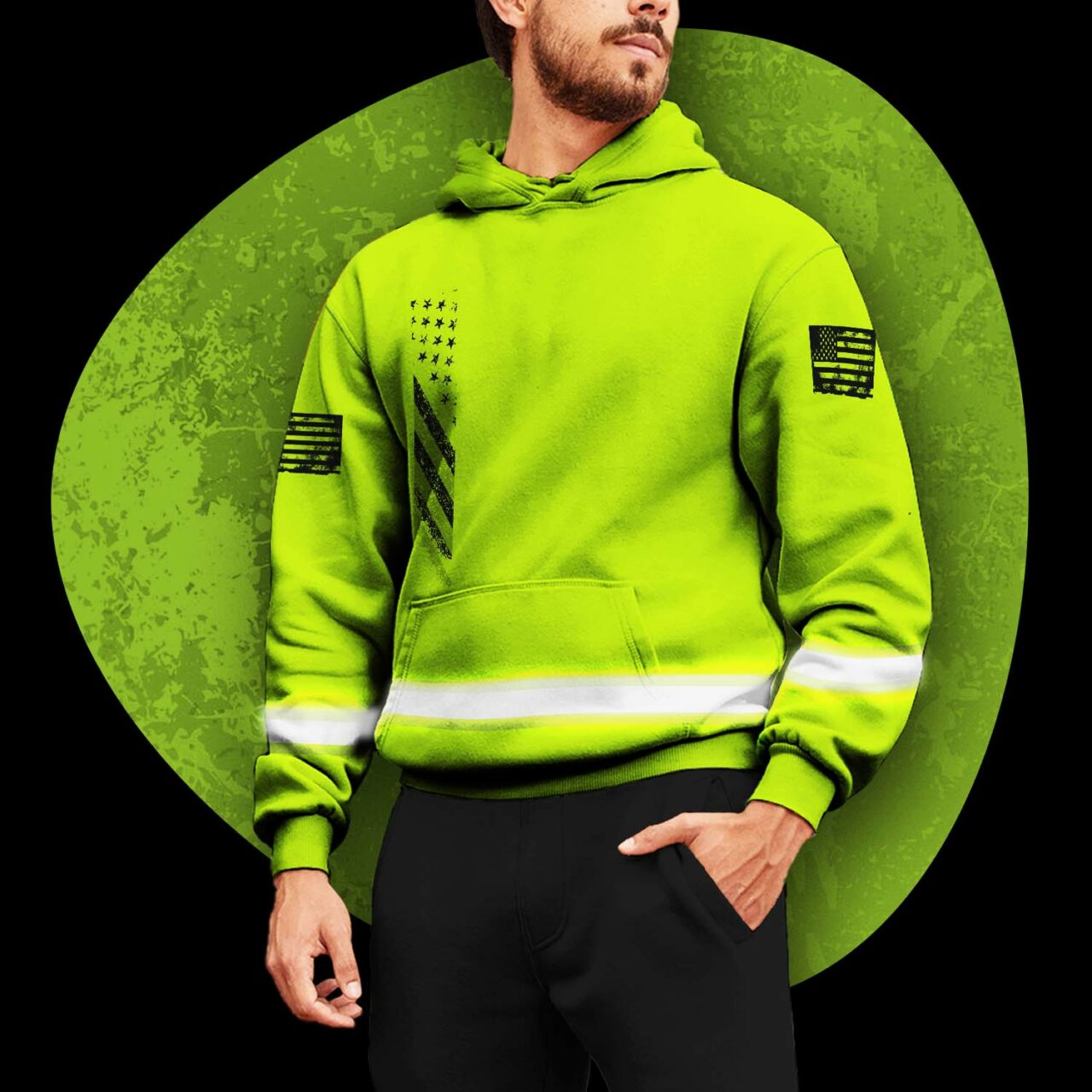 Hi Vis Hoodie Reflective Black USA Safety Lime Cyclists Workwear Workers, Flag Runners, For