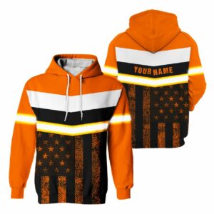 Hi Vis Hoodie Reflective Orange US Flag Custom Name Safety For Motorcycle Bicycle, Runner, Working