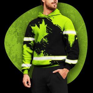Hi Vis Hoodie Reflective Paint Flakes Canada Flag Green Neon Safety Workwear