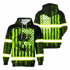 Hi Vis Hoodie Reflective Skull USA Flag Green Neon Safety Workwear