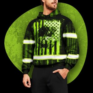 Hi Vis Hoodie Reflective Skull USA Flag Green Neon Safety Workwear
