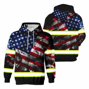 Hi Vis Hoodie Reflective Smoke USA Flag Red Blue Safety Workwear
