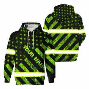 Hi Vis Hoodie Reflective US Flag Black Green Custom Name Safety Workwear