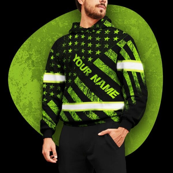 Hi Vis Hoodie Reflective US Flag Black Green Custom Name Safety Workwear