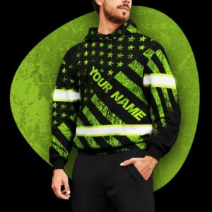 Hi Vis Hoodie Reflective US Flag Black Green Custom Name Safety Workwear