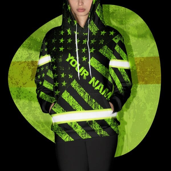 Hi Vis Hoodie Reflective US Flag Black Green Custom Name Safety Workwear