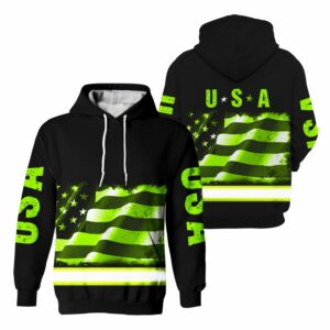 Hi Vis Hoodie Reflective USA Flag Green Neon Safety Workwear