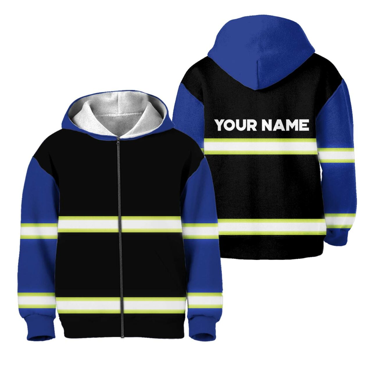 Hi Vis Kid Zip Hoodie Reflective Blue Custom Name Safety Workwear
