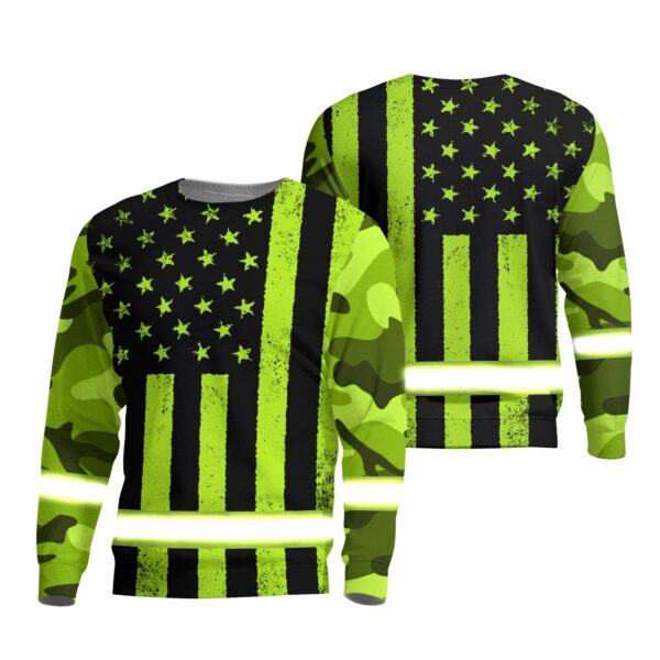 Hi Vis Long Sleeve Shirts Reflective Green US Camo Flag Safety For Motorcycle Bicycle, Runner, Working