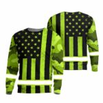 Hi Vis Long Sleeve Shirts Reflective Green US Camo Flag Safety For Motorcycle Bicycle, Runner, Working