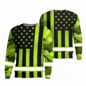 Hi Vis Long Sleeve Shirts Reflective Green US Camo Flag Safety For Motorcycle Bicycle, Runner, Working