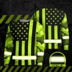 Hi Vis Long Sleeve Shirts Reflective Green US Camo Flag Safety For Motorcycle Bicycle, Runner, Working