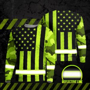 Hi Vis Long Sleeve Shirts Reflective Green US Camo Flag Safety For Motorcycle Bicycle, Runner, Working