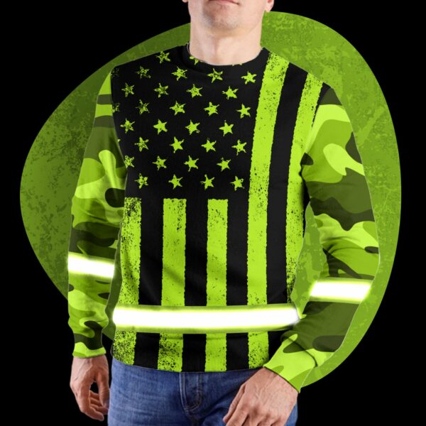 Hi Vis Long Sleeve Shirts Reflective Green US Camo Flag Safety For Motorcycle Bicycle, Runner, Working