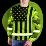 Hi Vis Long Sleeve Shirts Reflective Green US Camo Flag Safety For Motorcycle Bicycle, Runner, Working
