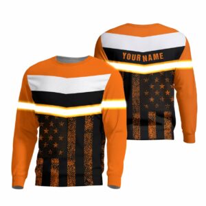 Hi Vis Long Sleeve Shirts Reflective Orange US Flag Custom Name Safety For Motorcycle Bicycle, Runner, Working