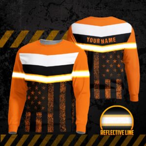 Hi Vis Long Sleeve Shirts Reflective Orange US Flag Custom Name Safety For Motorcycle Bicycle, Runner, Working