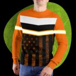 Hi Vis Long Sleeve Shirts Reflective Orange US Flag Custom Name Safety For Motorcycle Bicycle, Runner, Working