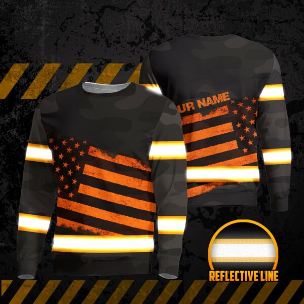 Hi Vis Long Sleeve Shirts Reflective Orange US Flag Custom Name Safety For Motorcycle Bicycle, Runner, Working