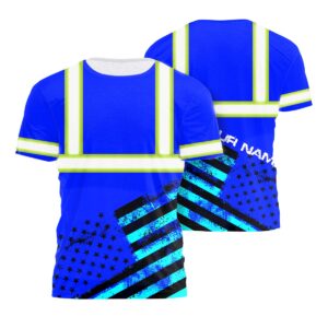 Hi Vis Shirt Reflective Black And Blue Neon USA Flag Custom Name Safety Workwear For Workers, Runners, Cyclists, Patriotic, Veteran, Military