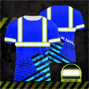Hi Vis Shirt Reflective Black And Blue Neon USA Flag Custom Name Safety Workwear For Workers, Runners, Cyclists, Patriotic, Veteran, Military